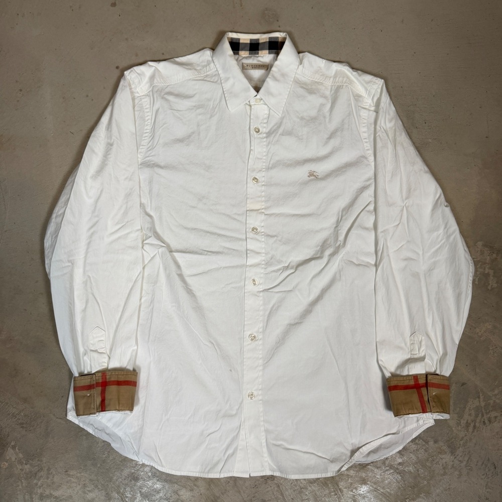Burberry Brit Mens White Nova Check Cuff Long Sleeve Button Down Shirt XL